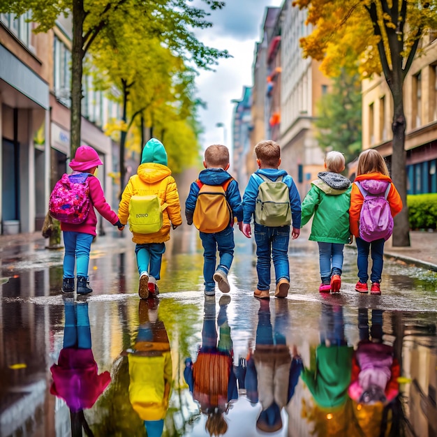 A Group Of School Students Walking With Colorful Rain Jackets and Backpacks