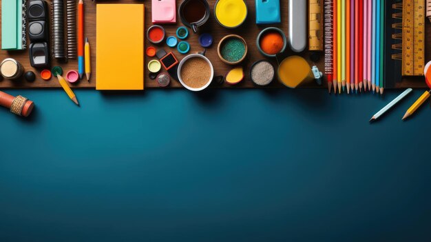 Photo a group of school supplies laid out on a blue surface