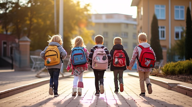 Group of schoolboy with backpacks on their way to school Back to school concept Generative ai