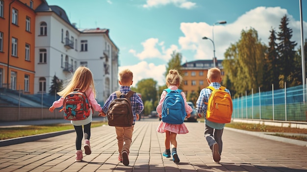 Group of schoolboy with backpacks on their way to school Back to school concept Generative ai