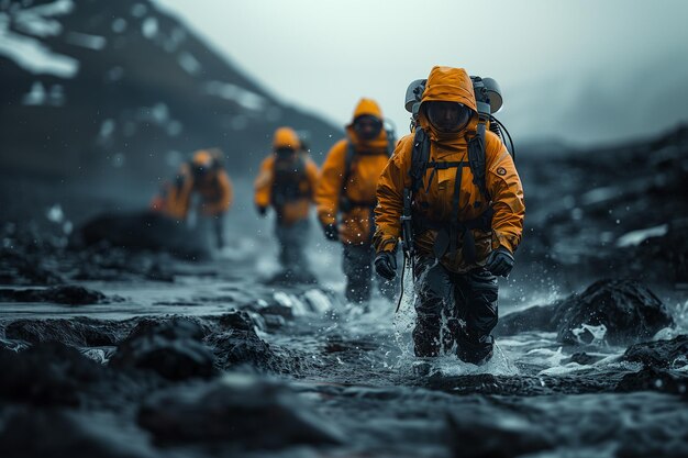 A group of scientists collecting samples from a hydrothermal vent ecosystem Group in orange workwear crossing stream with helmets under clear sky