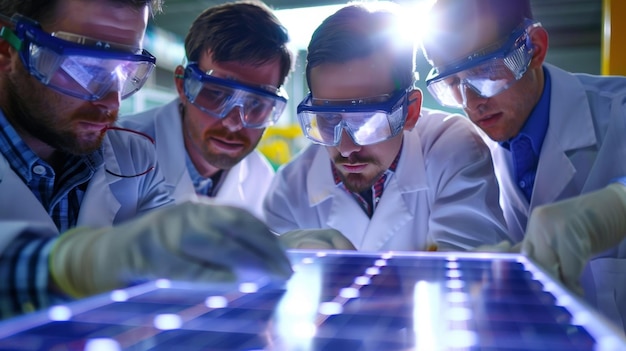 A group of scientists in a laboratory examining solar panel prototypes with minimized waste