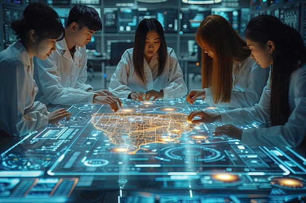 Group of scientists using futuristic touchscreen technology in a hightech lab collaborating on a dig