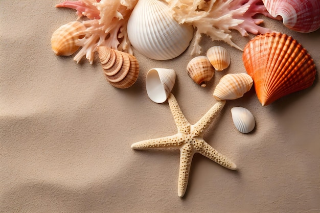 A group of seashells and corals on sand