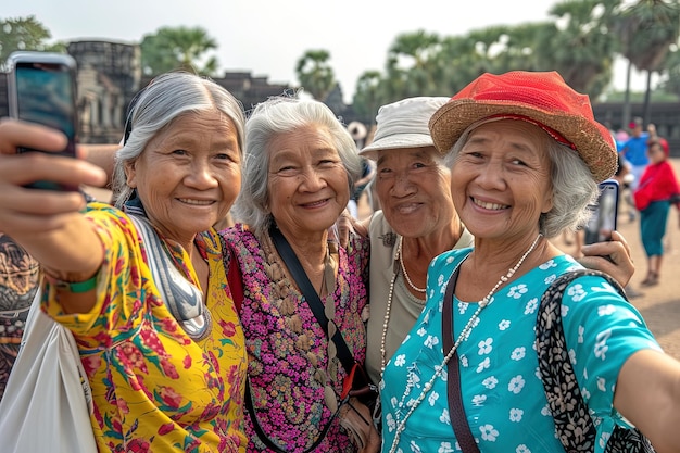 Group of senior asian female friends taking selfie in Angkor Wat Siem Reap Cambodia