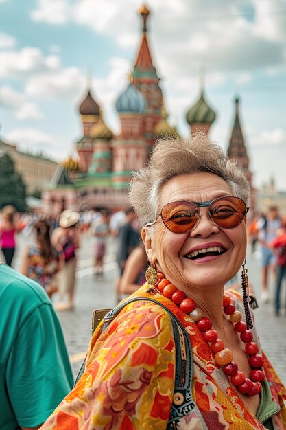 Group of senior female traveler portrait in front of Moscow Kremlin in summer