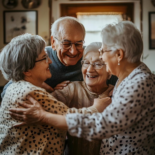 Group of senior friends having fun together at home Group of elderly friends laughing and hugging