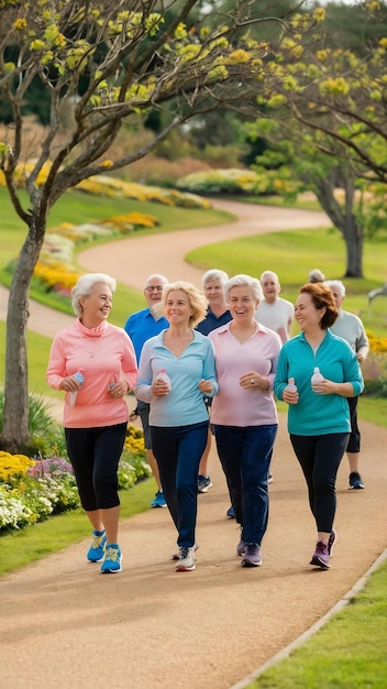 Group of senior friends jogging together in a park