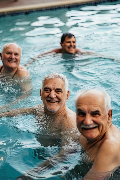 Group of senior male friends swimming in a resort pool during summer vacations