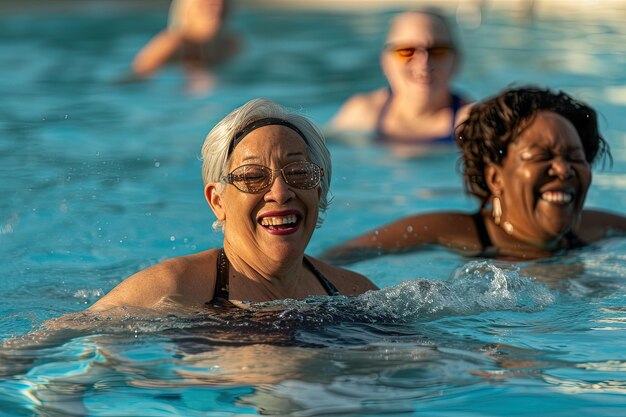 Group of senior multiethnic female friends swimming in a resort pool during summer vacations