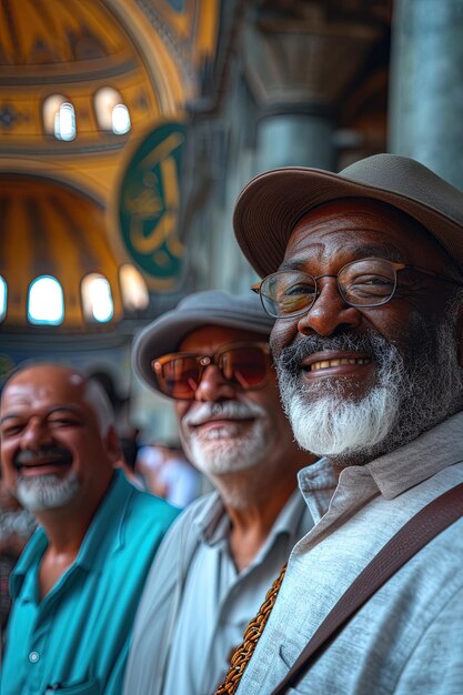 Group of senior multiethnic travelers portrait in front of Hagia Sophia