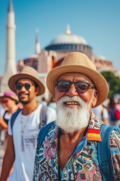 Group of senior multiethnic travelers portrait in front of Hagia Sophia