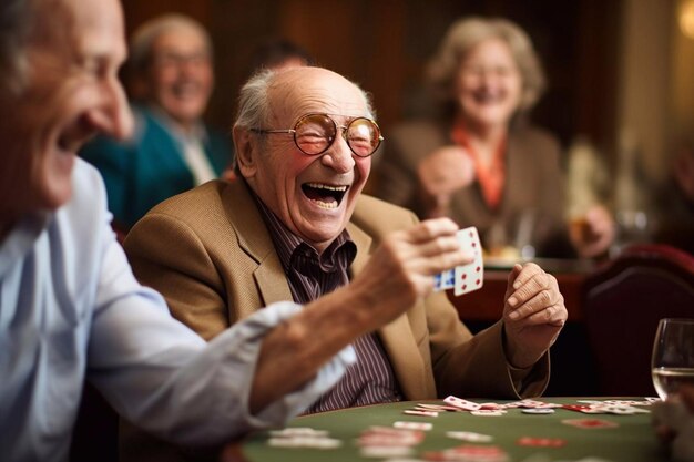 Group of senior people enjoying in conversation during lunch at dining table at nursing home Generative AI