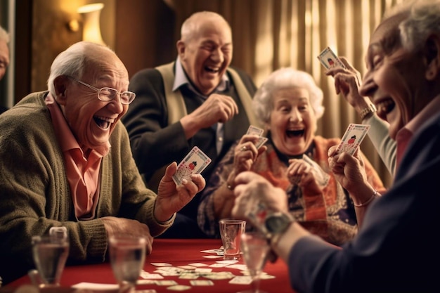 Group of senior people enjoying in conversation during lunch at dining table at nursing home Generative AI