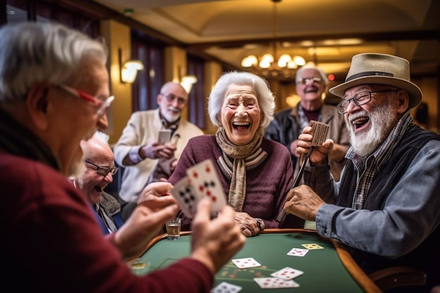 Group of senior people enjoying in conversation during lunch at dining table at nursing home Generative AI