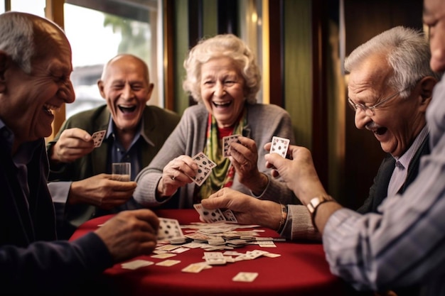 Group of senior people enjoying in conversation during lunch at dining table at nursing home Generative AI