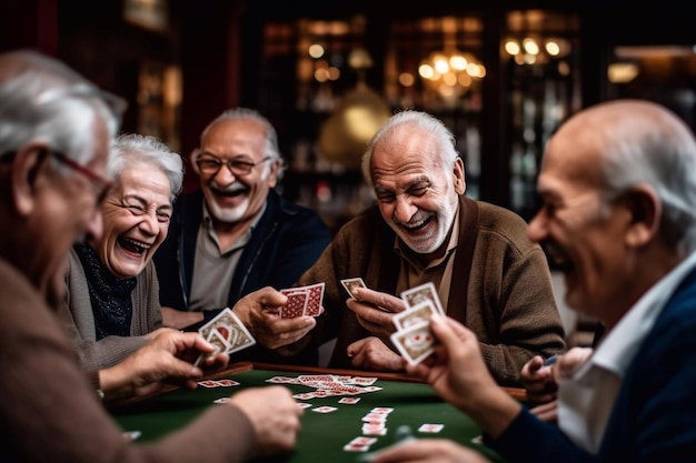 Group of senior people enjoying in conversation during lunch at dining table at nursing home Generative AI