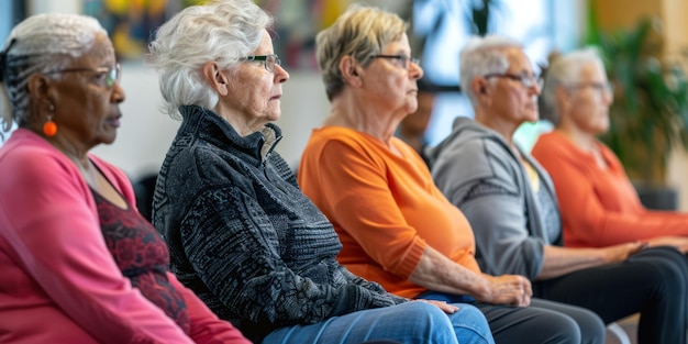 A group of seniors doing seated exercises together in a community center