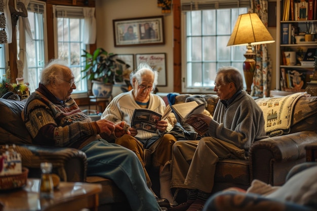 Group of seniors engaged in conversation while sitting in a living room A group of elderly individuals sharing stories in a cozy living room setting