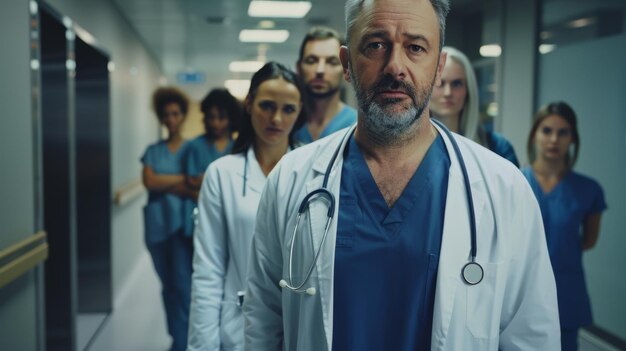 Photo a group of serious diverse doctors standing determined in a hospital corridor reflecting unity and resolve prepared to take on healthcare challenges