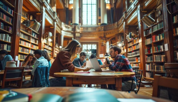 Photo a group of serious students engaging in academic studies at a university library aig62