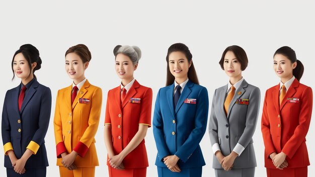 Photo group of seven female flight attendants in colorful uniforms representing professionalism and divers