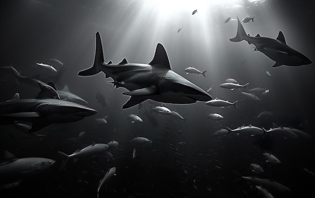 A group of sharks swimming in the ocean