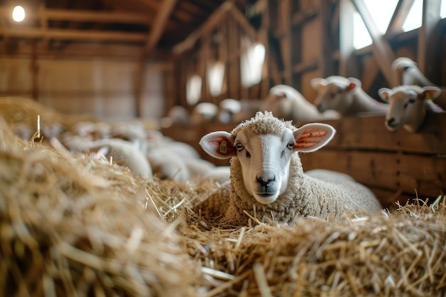 Photo a group of sheep are munching on hay inside a barn