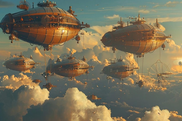 a group of ships are floating in the sky