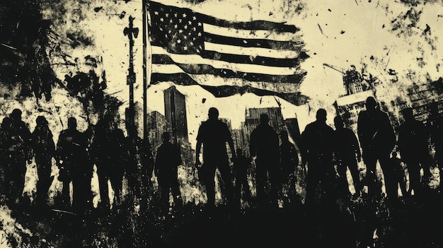 Photo a group of silhouetted figures stand in front of an american flag with a city skyline in the background the image is grungestyle with a distressed vintage look