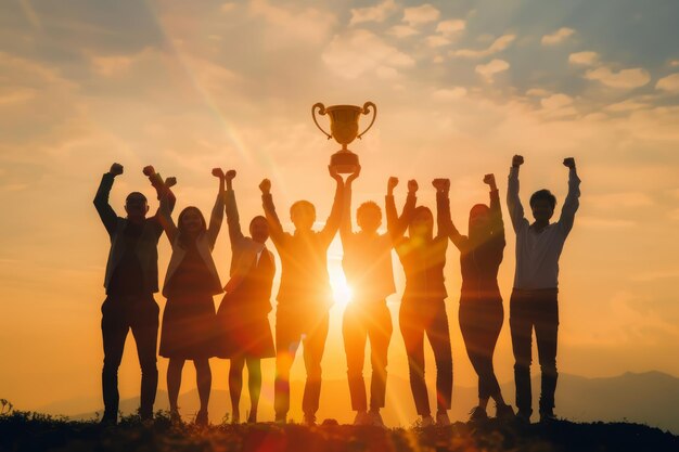 Photo a group of silhouetted individuals celebrate triumphantly lifting a trophy against a vibrant sunset symbolizing teamwork and victory