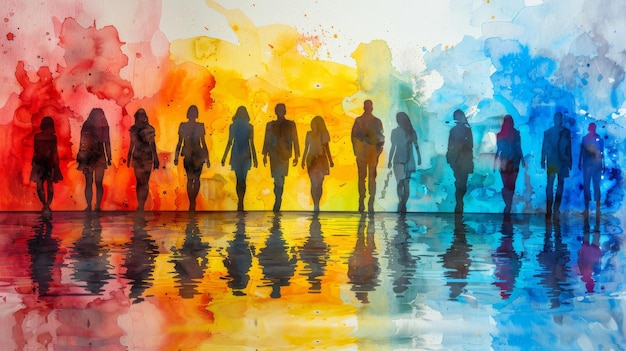 A group of silhouetted people standing in the style of colorful watercolors