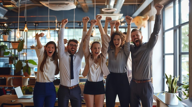 A group of six business people stand together arms raised celebrating a successful project