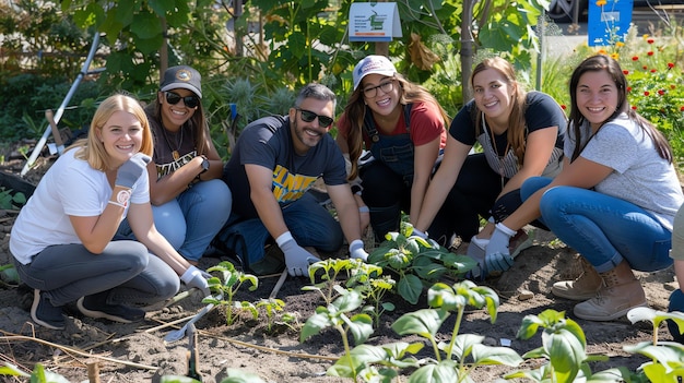 Photo a group of six friends are smiling and gardening together