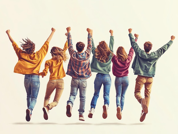 Photo group of six friends jump together arms raised in the air reflecting a youthful and energetic spirit