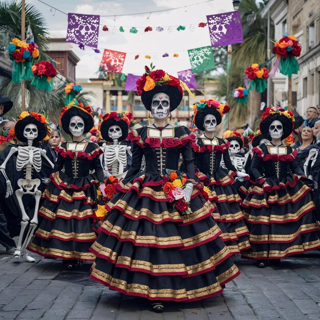 Photo a group of skeletons are celebrating holiday in the city