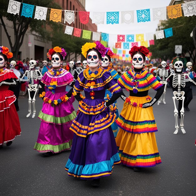 Photo a group of skeletons are walking in a parade with a banner that says death