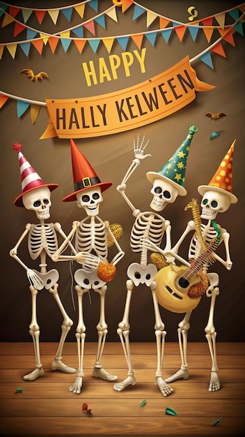 Photo a group of skeletons in party hats