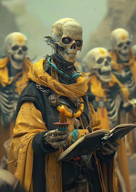 Photo a group of skeletons with a book in their hands