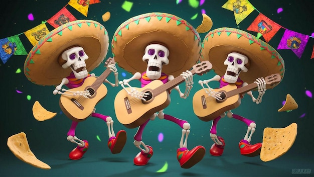 a group of skeletons with sombrero on their heads