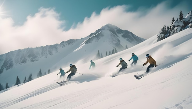 Photo a group of skiers are skiing down a snowy mountain