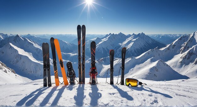 a group of skis are on a snowy mountain top