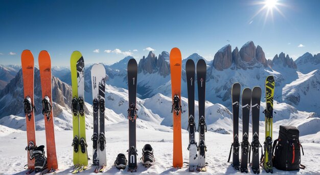 a group of skis that are in the snow