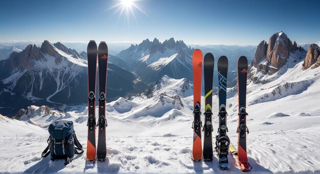 a group of skis that are in the snow