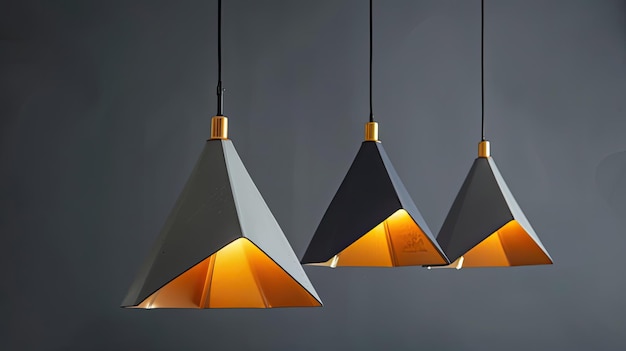 a group of sleek modern pendant lights featuring geometric lampshades suspended gracefully from regular electric cables adding a touch of contemporary elegance