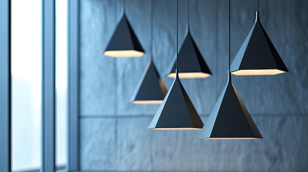 Photo a group of sleek modern pendant lights featuring geometric lampshades suspended gracefully from regular electric cables adding a touch of contemporary elegance