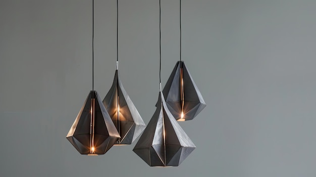 a group of sleek modern pendant lights featuring geometric lampshades suspended gracefully from regular electric cables adding a touch of contemporary elegance