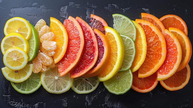 Photo a group of sliced citruss and limes on a black surface