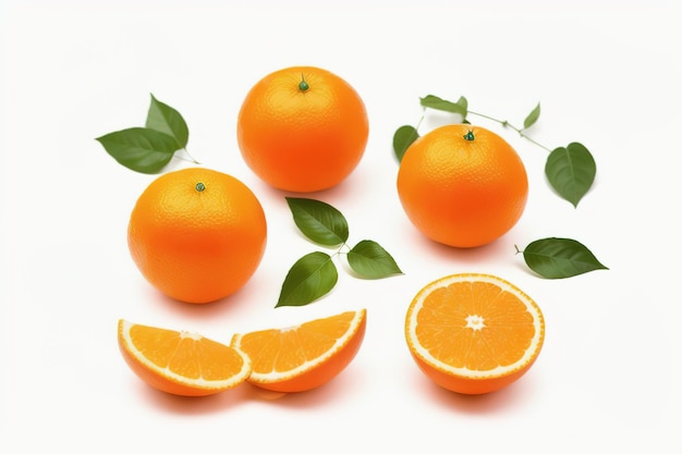 Group of slices whole of fresh orange fruits isolated on white background Generative AI