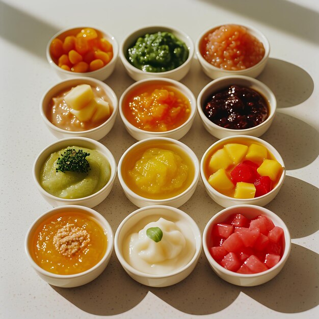 A group of small bowls of different types of food in them on a table top with a shadow on the floor